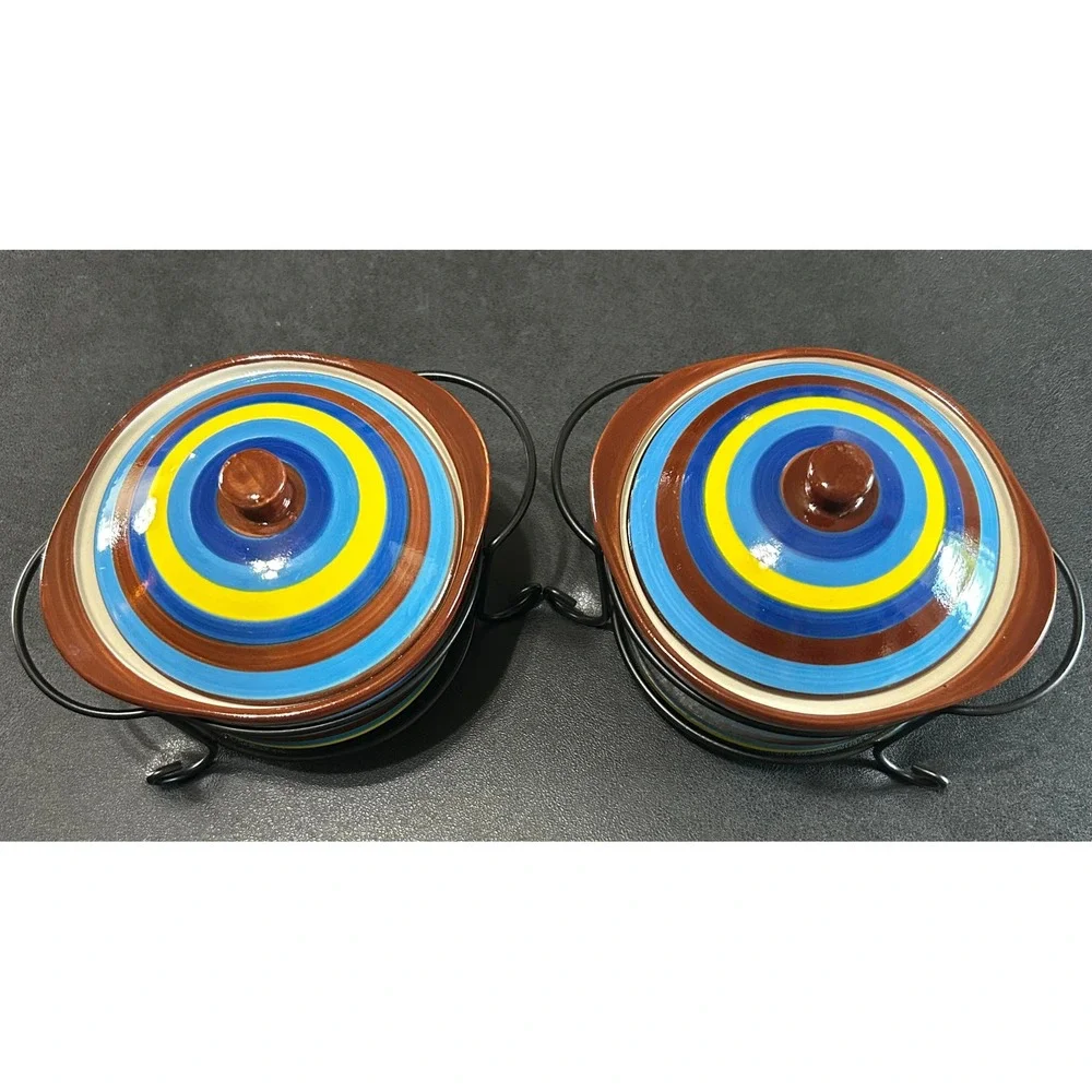 Temptations Mini Casserole Dishes SET/2 Striped Floral Lids & Wire Racks 9 oz‎